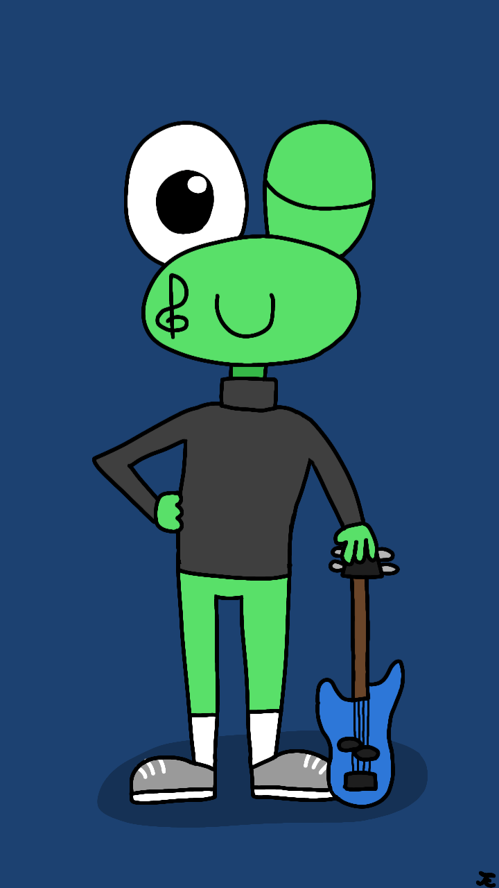 Cleff's appearance when he is seventeen years old. He is wearing a black turtleneck sweater, white socks, and gray sneakers. He is winking. One hand is on his hip and the other is holding a blue bass guitar.